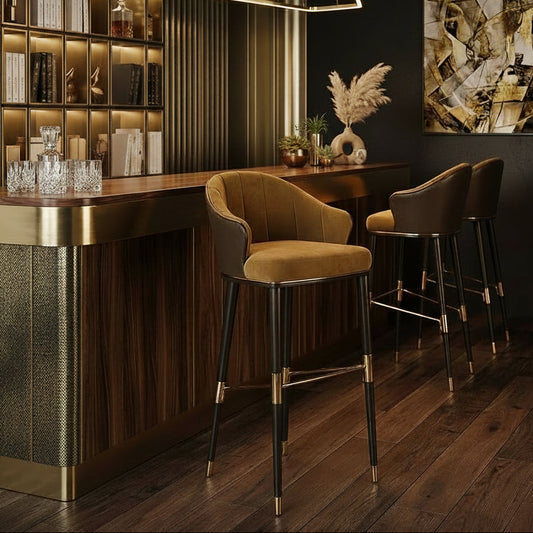 Modern bar setup with bar stools, shelves, and artwork in a dimly lit room.