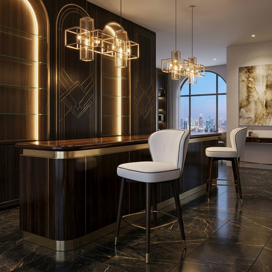 Modern bar with dark wood counter, white chairs, and cityscape view