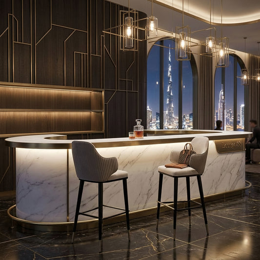 Modern bar with marble counter and stools, city skyline view