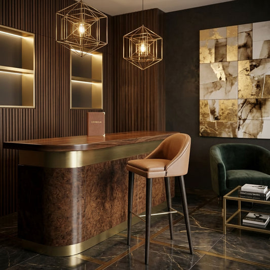 Luxurious bar setting with marble counter, leather stool, and decorative lighting.