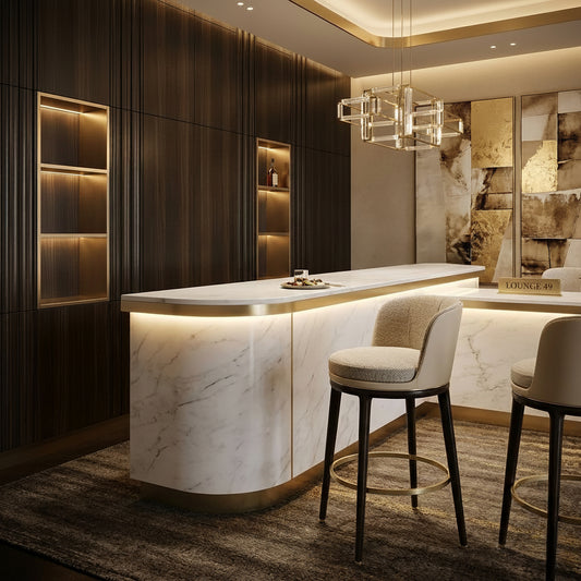 Modern bar with marble counter, stools, and shelves with bottles.
