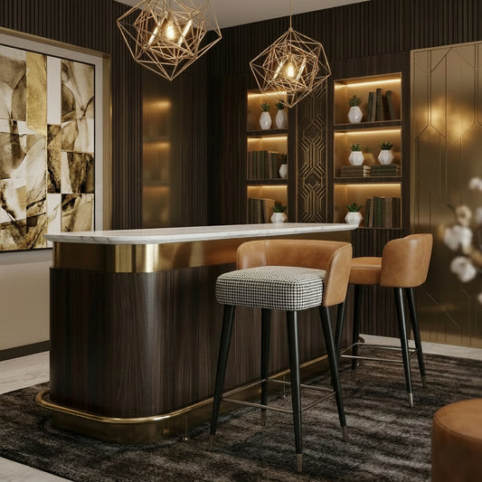 Modern bar setup with wooden counter, stools, and shelves with bottles in a stylish room.