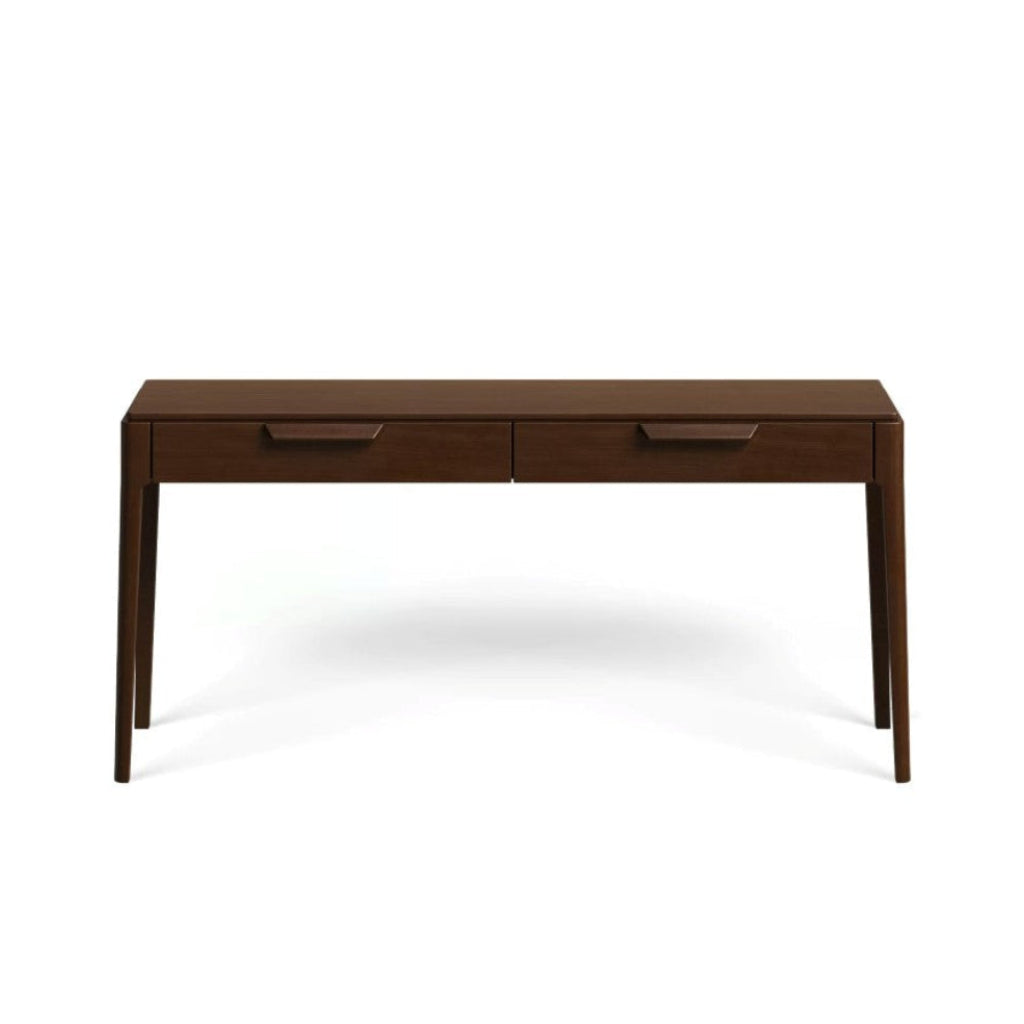 A dark brown wooden console table with two drawers and matching drawer pulls, shown from a front-facing perspective on a white background.
