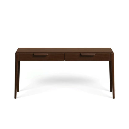 A dark brown wooden console table with two drawers and matching drawer pulls, shown from a front-facing perspective on a white background.