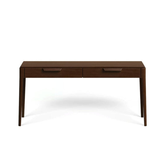A dark brown wooden console table with two drawers and matching drawer pulls, shown from a front-facing perspective on a white background.