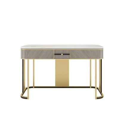 Modern console table with marble top and gold legs on a white background
