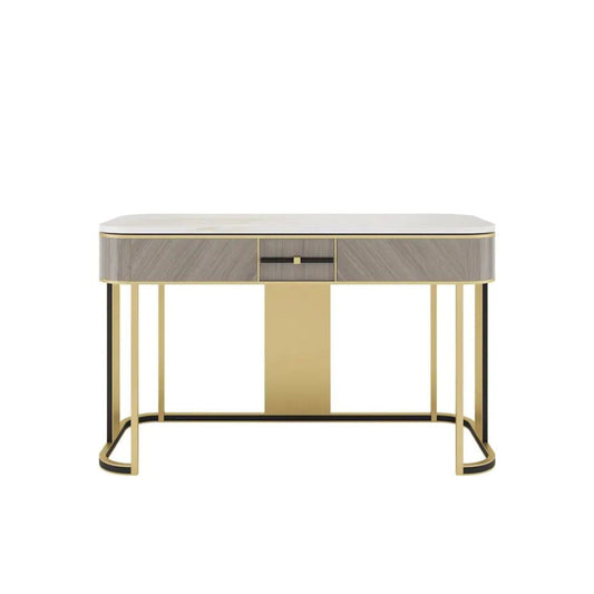 Modern console table with marble top and gold legs on a white background