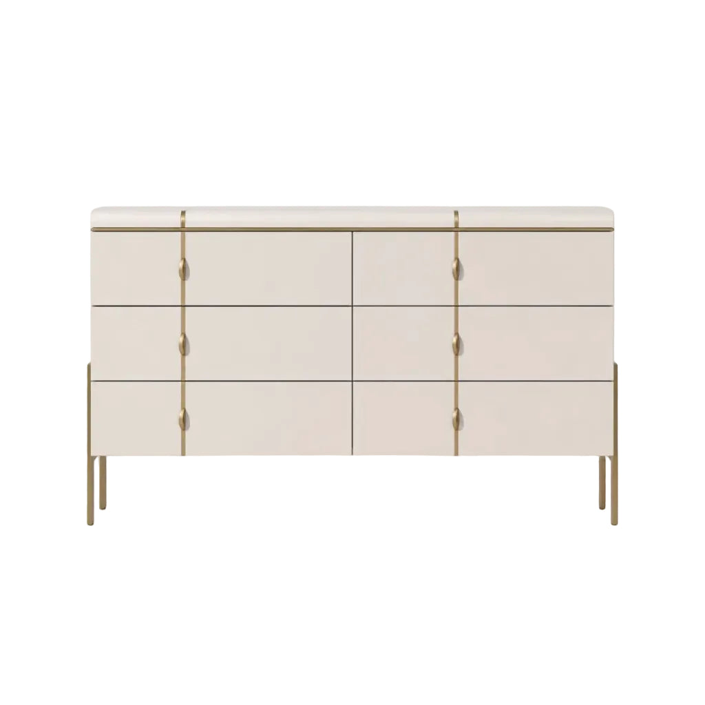 White dresser with gold accents on a white background