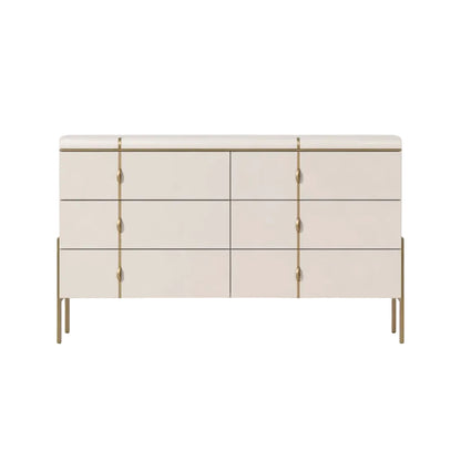 White dresser with gold accents on a white background