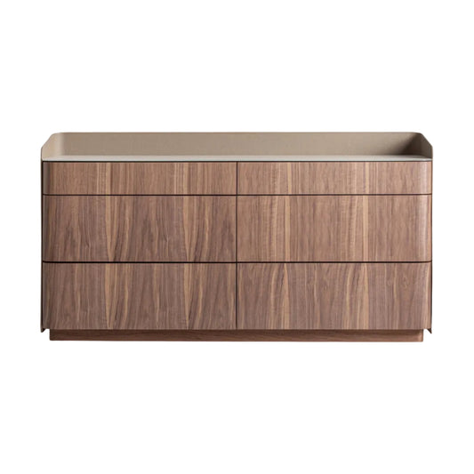 Beige dresser with two drawers and handles on a white background