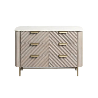 Beige dresser with gold handles on a white background