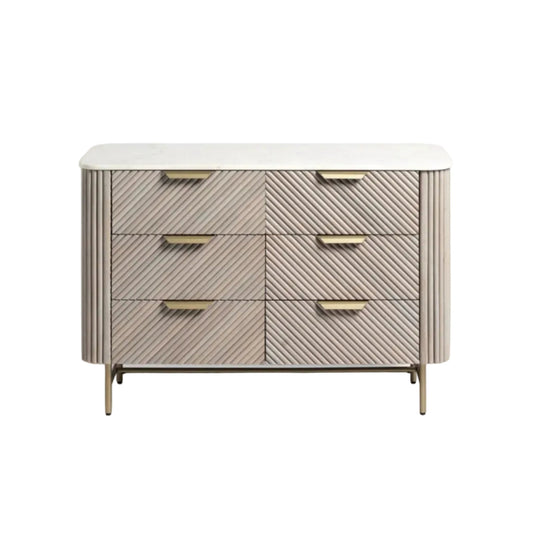 Beige dresser with gold handles on a white background