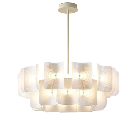 Modern chandelier with white glass shades on a gray background