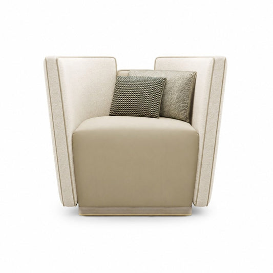 Beige armchair with textured cushions on a white background