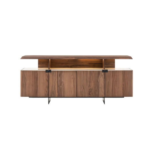 Wooden TV stand with a glass panel on a white background